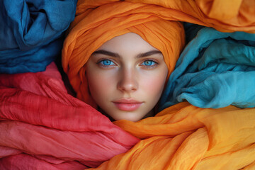 Woman with colorful head scarf.