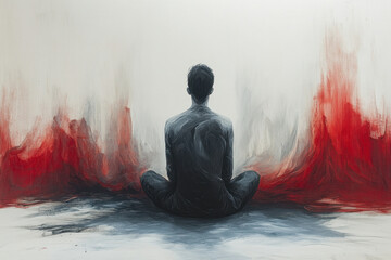 Man sitting in front of red and white painting.
