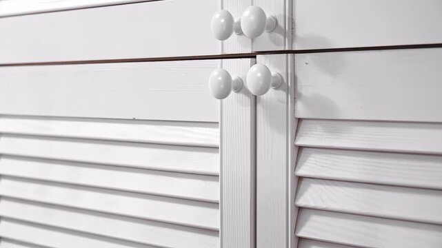 The man releases the handle of the cabinet door and it slowly closes. Close-up of the smooth closing of the cabinet. White round doorknob. High quality 4k footage.