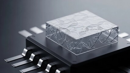 DNA double helix structure immobilized on surface of microchip, representing future biotechnological advancement and genetic engineering using biosensors.