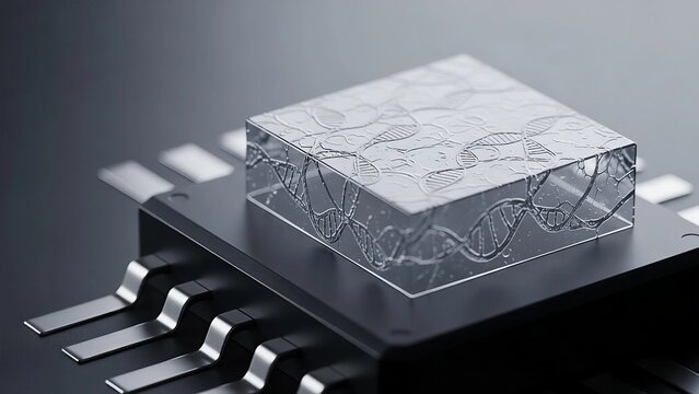 DNA double helix structure immobilized on surface of microchip, representing future biotechnological advancement and genetic engineering using biosensors. - Powered by Adobe