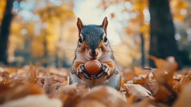 Curious squirrel collecting nut in autumn forest amidst golden leaves
