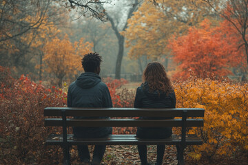 Couple sitting on park bench.