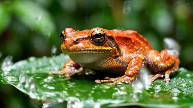 Vibrant orange frog sitting on a green leaf in a natural habitat with water droplets surrounding it