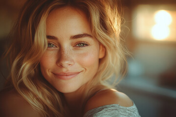 Blonde woman with blue eyes.