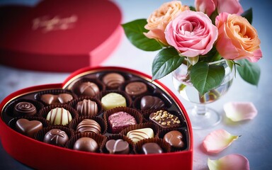 Heart Shaped Box Of Chocolates And Pink Roses For Valentines Day Gift