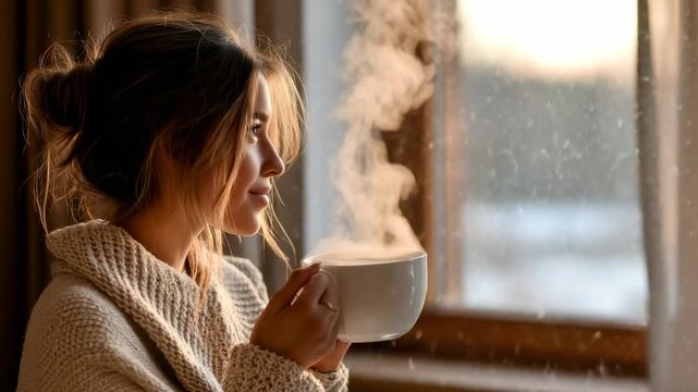 Cozy morning ritual: woman enjoying steaming coffee by sunlit window