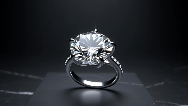 Sparkling diamond solitaire ring rotating on a black marble podium under dramatic spotlight in a cinematic 3D animation, showcasing luxury jewelry concepts.