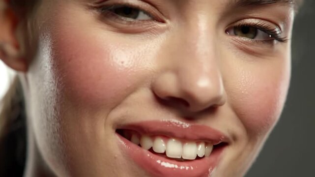 Close-up of a smiling woman with glowing skin and shiny lip gloss, beauty concept.