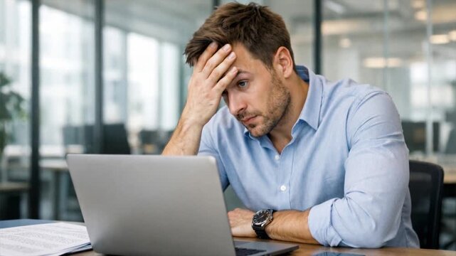 Stressed office worker sits at a desk with a laptop