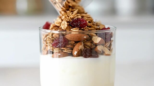 Granola yogurt pour in glass cup with fresh yogurt and nuts on top. Granola yogurt includes crispy oats, almonds, and dried fruit creating a delightful breakfast.