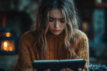 Woman sits with tablet by fireplace.