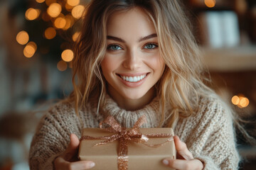 Woman holding brown gift box with bow.