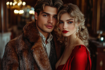 Man and woman in red dresses posing together.