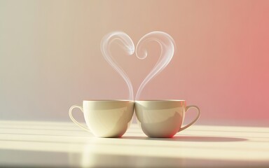 Two White Coffee Cups With Heart Shaped Steam On Table For Love And Romance Concept