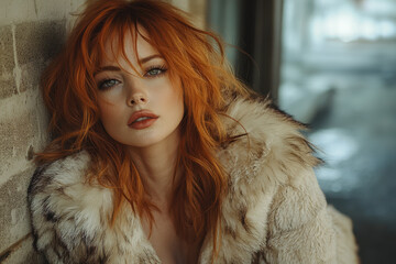 Woman with red hair in fur coat.