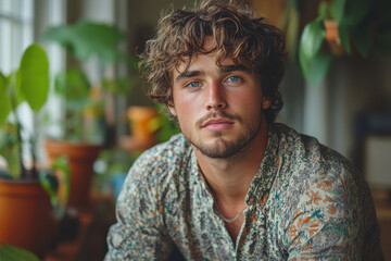 Man with curly hair in floral shirt.