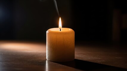 a single white candle with a small flame on a dark surface with a blurred background high quality professional