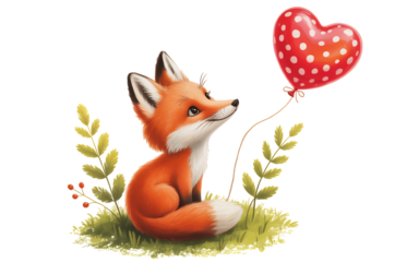 Cute Fox Holding Heart Shaped Balloon In Grass For Valentines Day And Love Concept