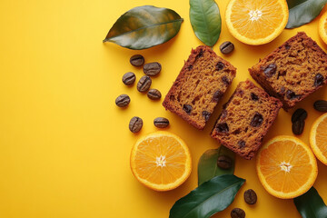 Orange chocolate chip cake, freshly baked with a golden crumbly top and dotted with enticing chocolate chips.