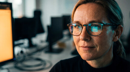 Dedicated Female Tech Specialist Analyzing Digital Data With Expert Focus And Innovation