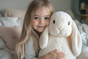 Little girl holding white rabbit plush toy.