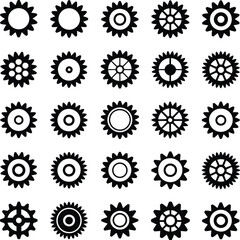 A diverse collection of black silhouette gear icons illustrating various intricate mechanical designs
