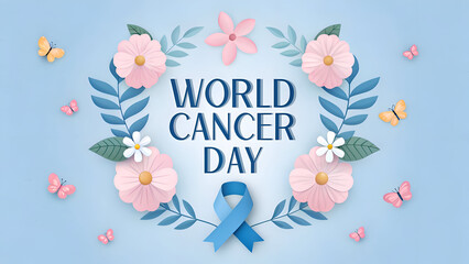 World Cancer Day Awareness Banner with Floral Decoration and Ribbon