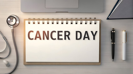Cancer Day Awareness Calendar Reminder Concept with Minimal Desk Setup