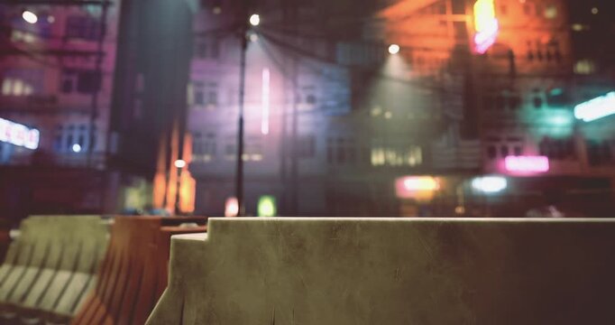 An urban alley comes alive at night with vibrant neon lights illuminating the environment. Shadows dance on the pavement as streetlights cast a warm glow against a backdrop of colorful buildings.