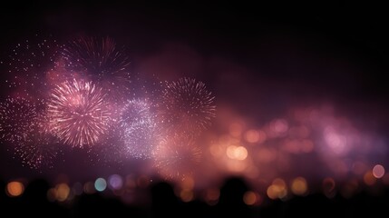 crowd cheering and watching colorful fireworks on beach during festival night, summer celebration, joyful atmosphere