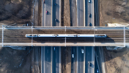 Passenger Train crossing a highway bridge with traffic passing below, Top down aerial view