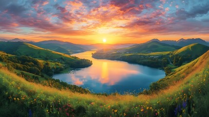 Golden Sunset Over a River Winding Through Lush Green Hills
