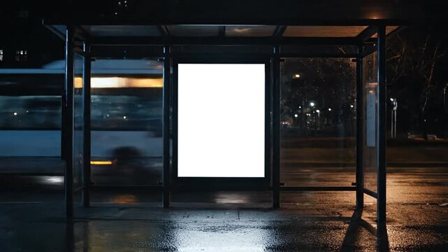 Nighttime bus stop with illuminated billboard and passing vehicles in rainy weather