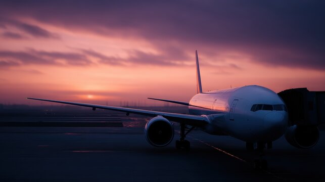 airplane parked at airport terminal gate during sunset, modern international airport, travel and transportation concept