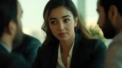 A female professional engaged in a serious conversation in a corporate setting.