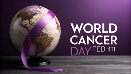 World Cancer Day Global Awareness Concept with Purple Ribbon Wrapped Globe