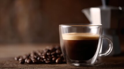 espresso shot in double wall glass with moka pot and roasted coffee beans, cozy lifestyle coffee scene, warm light