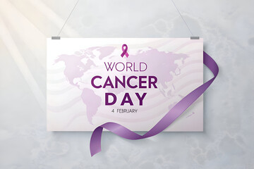 World Cancer Day Awareness Card with Purple Ribbon and World Map Design