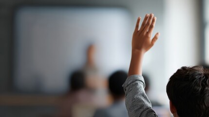 student studying online raising hand during virtual class, interactive e-learning and digital education concept