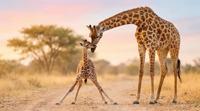 Mother giraffe nuzzles her newborn baby in the warm glow of an African sunset