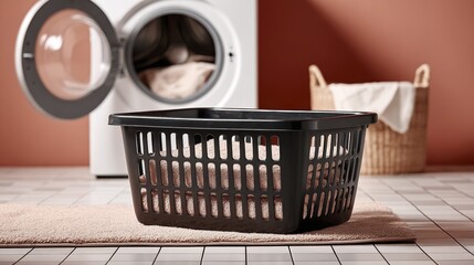 Laundry room essentials: black basket, open washer, and wicker hamper in modern setting