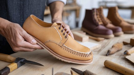 Artisan crafting leather shoes in workshop with handmade detailing