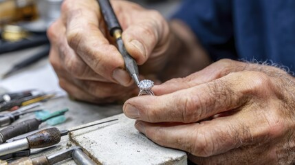 Craftsman engraving intricate details on a silver diamond ring in workshop setting