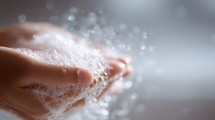 close up washing hands with soap bubbles, personal hygiene and disease prevention, healthcare concept, soft light, shallow depth of field