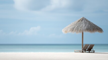 Tranquil white sand beach with two beach chairs and thatched umbrella, luxury tropical resort background with copy space