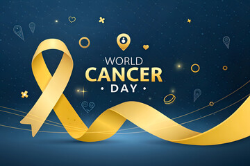 World Cancer Day Awareness Banner with Gold Ribbon and Modern Icons