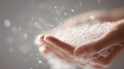 Fototapeta premium close up washing hands with soap bubbles, personal hygiene and disease prevention, healthcare concept, soft light, shallow depth of field