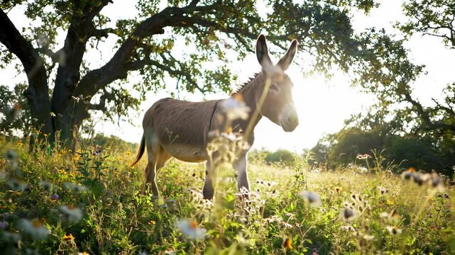 Donkey grazing in sunny meadow with wildflowers and trees. Rural landscape.