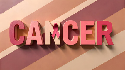3D Cancer Awareness Typography with Pink Ribbon on Modern Striped Background